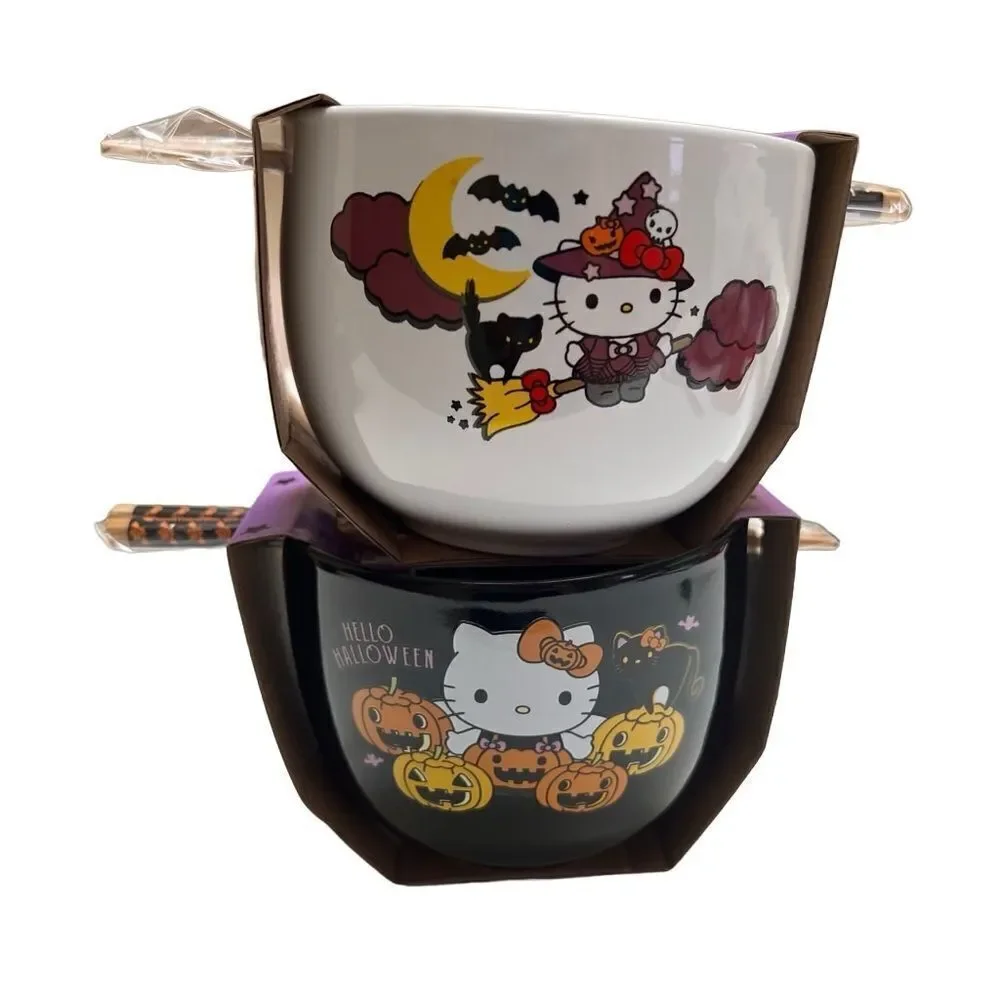 Sanrio Hello Kitty 20oz Halloween Ceramic Bowls with Chopsticks (set of 2) NEW